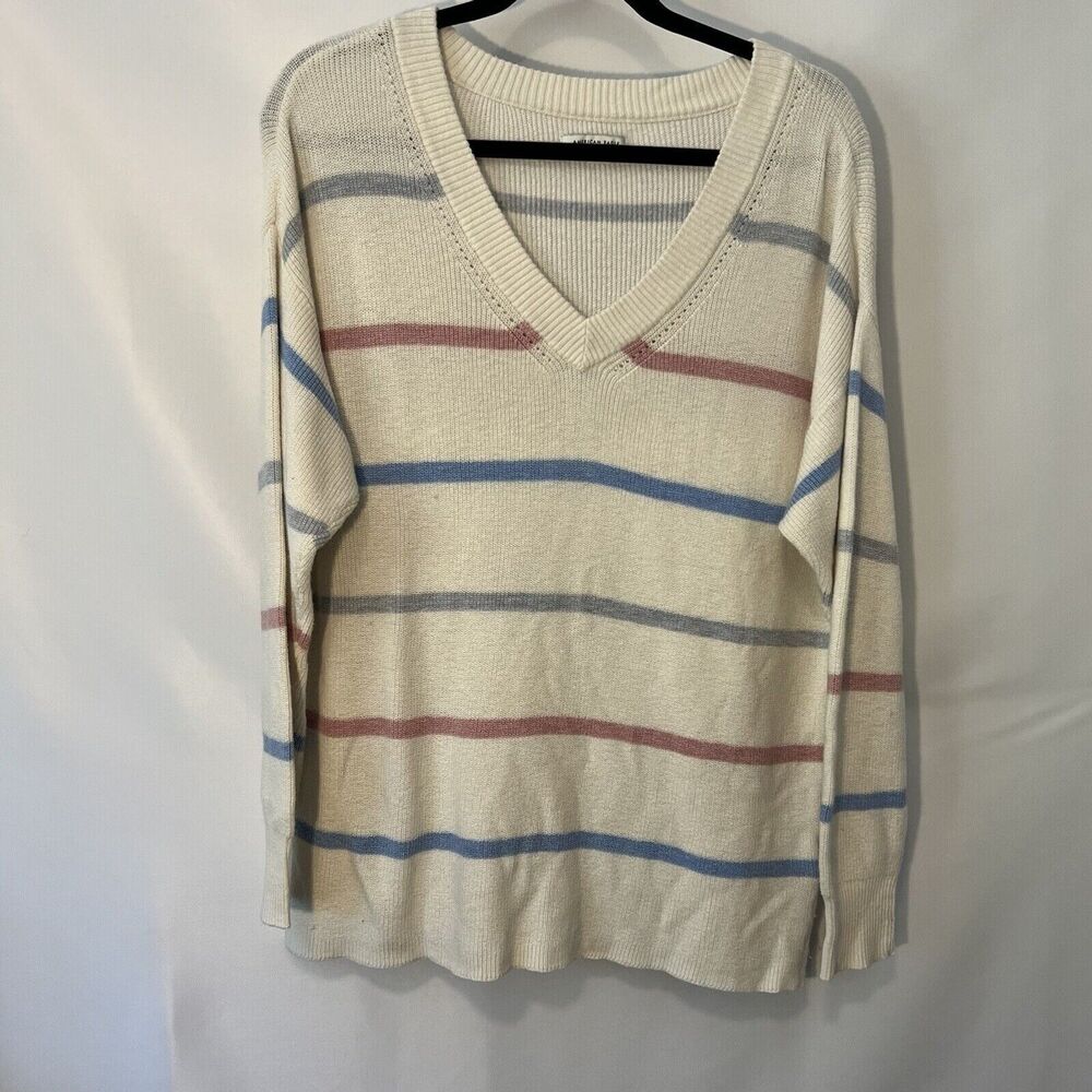 American Eagle Sweater Womens Medium White Blue Pink Stripe Long Sleeve V-Neck